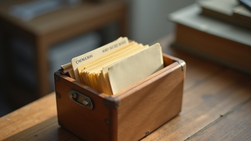 Boîte à fiches en bois ouverte remplie de fiches cartonnées sur un bureau