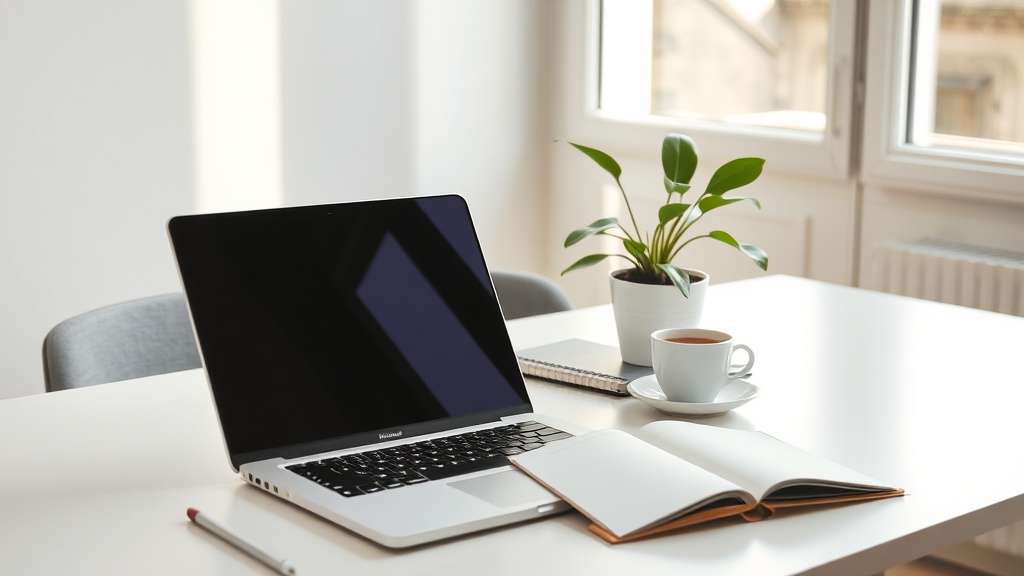 Bureau lumineux avec un ordinateur portable ouvert, un carnet neuf et une tasse de café