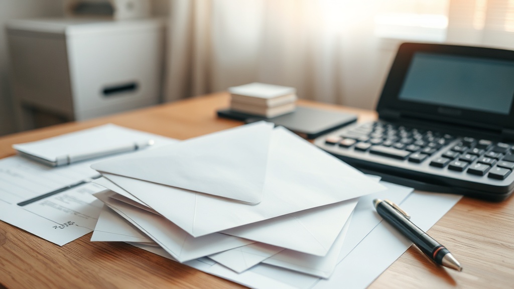 Documents administratifs empilés à côté d'une calculatrice sur un bureau en bois