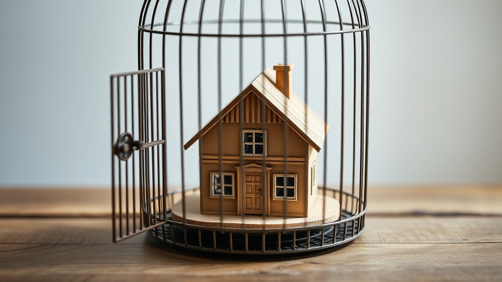 Maquette de maison en bois enfermée dans une cage à oiseaux dont la porte est grande ouverte